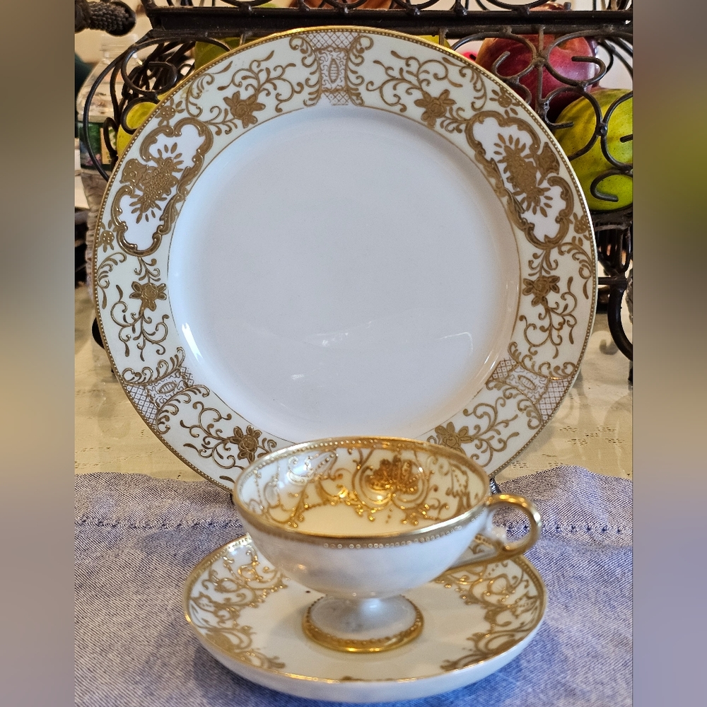 Adline Gold China Japan Majestic Hand Painted Tea Cup, Saucer and dessert plate.